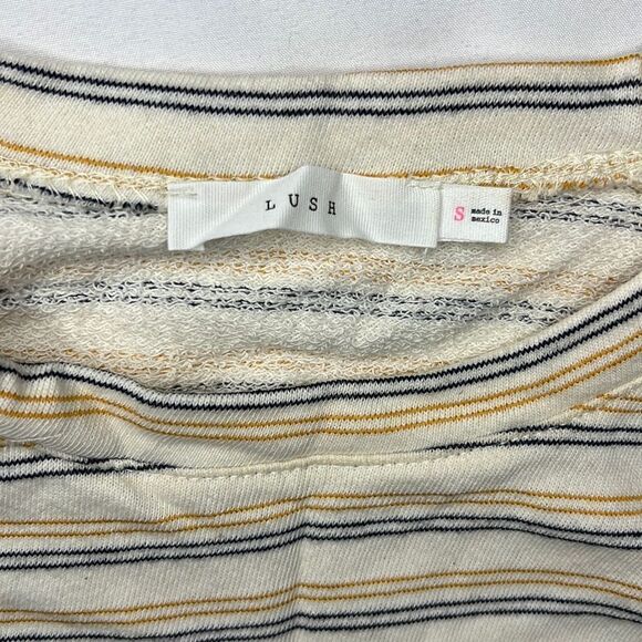 Lush Women’s Mustard Navy Striped Balloon Sleeve Sweatshirt Size Small - Picture 4 of 9